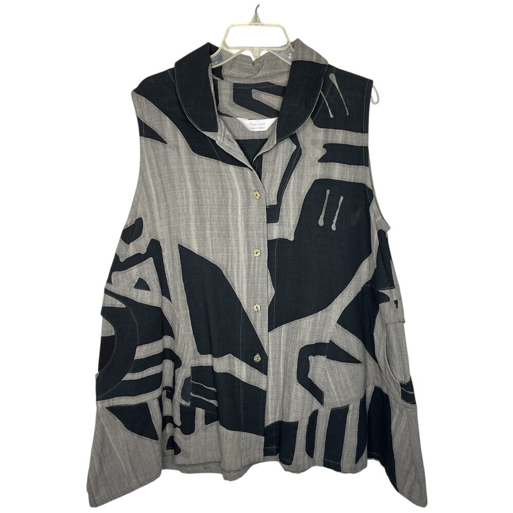 Mao Mam Women's Sleeveless Swing Blouse Top L Abstract Print Gray Black Pockets